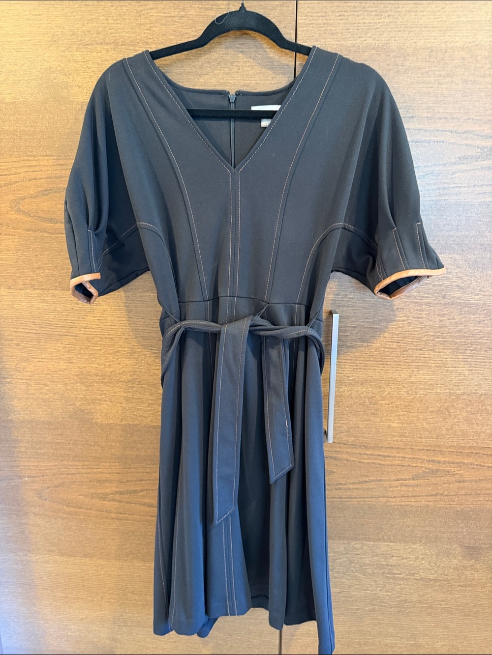 Calvin Klein Black Midi V-Neck Belted Dress with Contrast Stitching